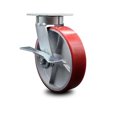 Service Caster 8 Inch Kingpinless Red Poly on Steel Wheel Swivel Caster with Brake SCC SCC-KP30S820-PUR-RS-SLB